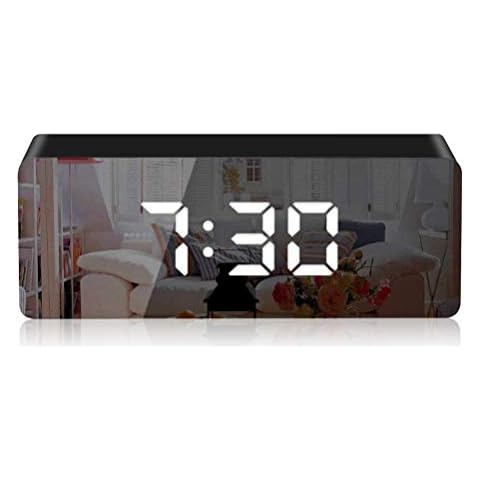 LED Mirror Alarm Clock, Portable Digital Alarm Clock, Table Clock with Large Screen 12 / 24H display, Adjustable Brightness Carousel Clock, Dual Purpose Power Port or Battery Powered Alarm Clock Cover