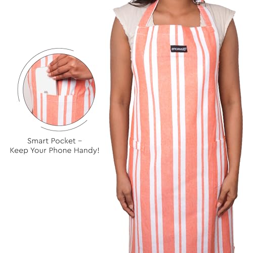 Image of Encasa XO Cotton Cooking kitchen Apron for Women and Men chef apron With adjustable neckstrap, Pocket & Towel Holder for Easy cooking, Baking, BBQ, Gardening- Franca Orange Stripes, 68x85 cm