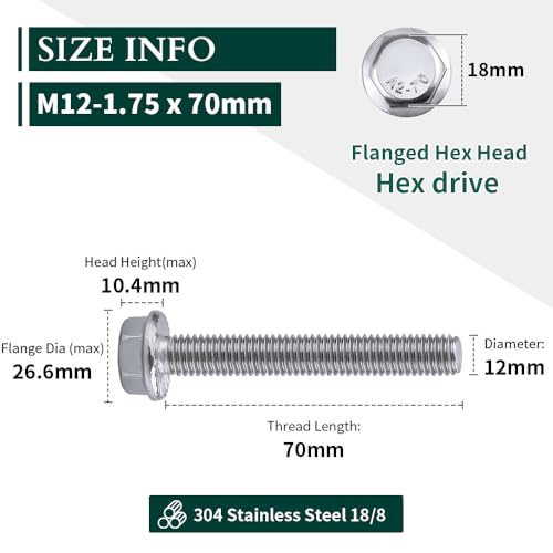 Image of M12-1.75 x 65mm Hex Flange Bolt (2.76 inch Thread Length), DIN6921, Serrated Locking Flange, 304 Stainless Steel, UNC Full Thread, 4-Pack
