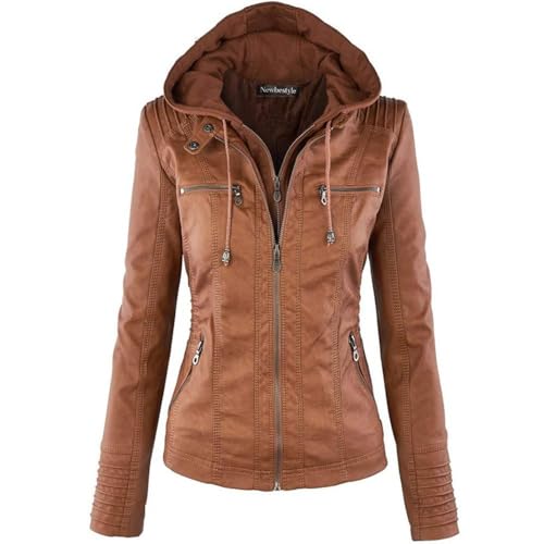 Newbestyle Damenjacke mit Kapuze, Kunstleder, Motorrad-Stil, braun, 38
