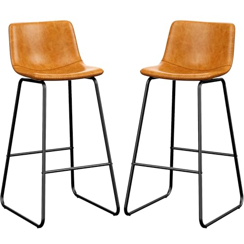 Image of REONEY Bar Stools Set of 2, 30 inch PU Leather Counter Height Barstool, Brown