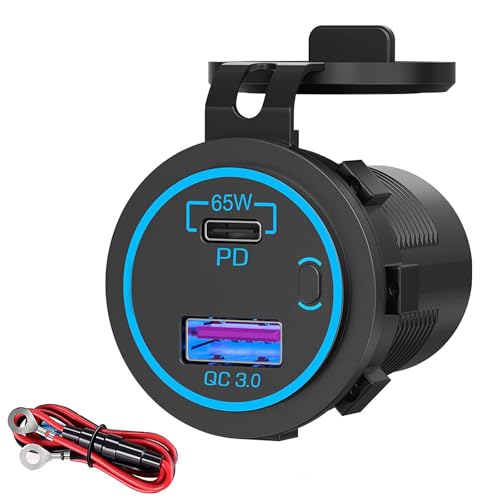 Intckwan Prise USB 12V, 83W, Chargeur Double Port avec Charge Rapide Simultanée (QC3.0 18W + PD 65W) et Interrupteur on/Off, Port USB à Encaster pour Auto...