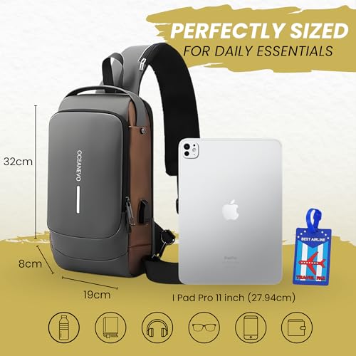 Image of OCEANEVO Stylish Anti Theft Crossbody Sling Bag for Men WITH Luggage Tag, Chest Bag for Travel WITH Lock and USB Charging Port