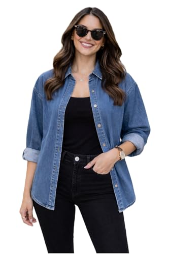 Image of FUNDAY FASHION Women Oversized Fit Solid Casual Denim Shirt