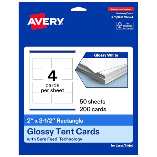 Image of Avery Printable Rectangle Tent Cards with Sure Feed Technology, 2" x 3.5", Glossy White Cardstock, Print-to-the-Edge, Laser/Inkjet, 200 Total, Great for Table Talkers, Promotional Signs, and More