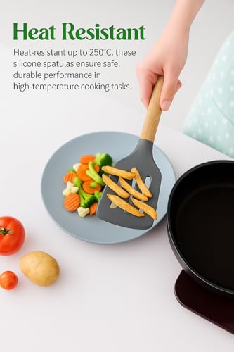 Image of Sakoraware Silicone Spatula Set with Wooden Handle Kitchen Tools Mixing | Serving Cooking Spoon | Turner | Soup Ladle | Non-Stick | BPA Free Kitchen Tools Set of 3 (Black)