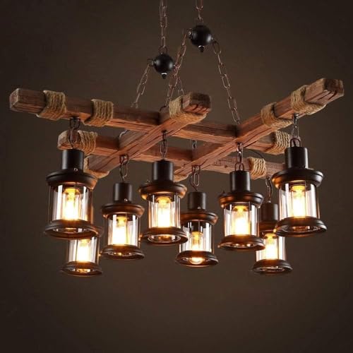 Lustre réglable style vintage et suspensions industrielles en bois pour salon