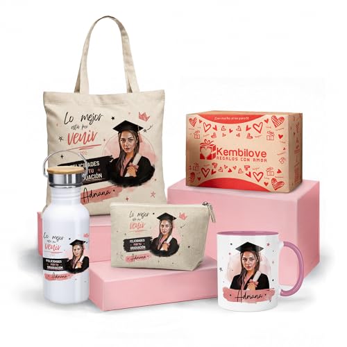 Imagen de Kembilove® Regalo Graduación Mujer Personalizado con Foto y Nombre Kit Graduada con Taza