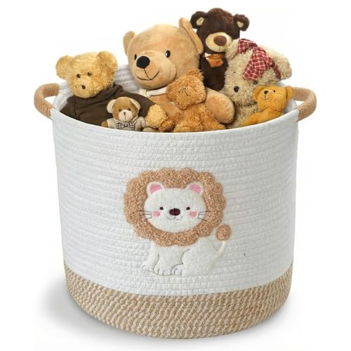 Image of Woven Cotton Rope Storage Basket for Toys, Stylish and Versatile Laundry & Blankets Organiser with Handles for Nursery, Living Room, Office – 30×30cm (Grey & White)