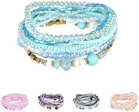 Multi Layers Handmade Bracelet Bohemian Beaded Bracelet Colorful Strand Wrap Layered White Faux Pearl (Blue)