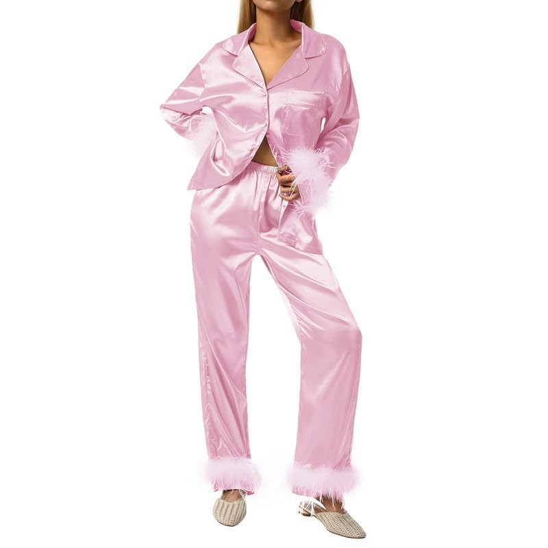 NUFIWI Women 2 Pieces Satin Pajamas Sets Solid Feather Trim Long Sleeve Button Down Shirt Pants 2Pcs Xmas Loungewear
