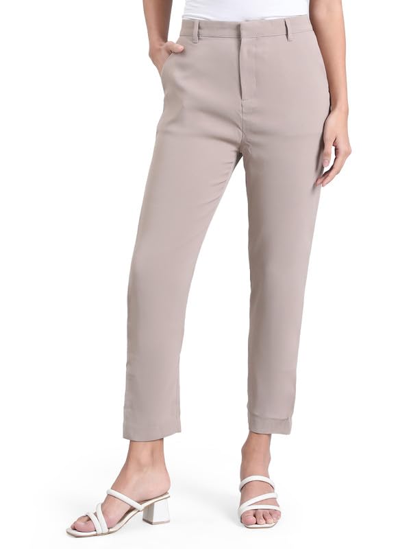 Image of GO COLORS Solid Formal Crepe Pants for Women | Mid Rise, Side Pocket