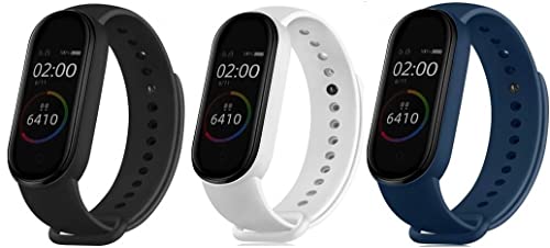 Qai Soft Silicone Replacement Combo Pack Of 3 Band Strap Compatible with Xiaomi Mi Band 5 / Mi Band 6 (WATCH NOT INCLUDED) (BLACK/NAVY BLUE/WHITE)