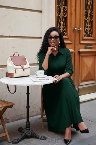 Image of Runwind Maxi Dresses for Women, 3 /4 Sleeve Botton Down Pleated Long Dress with Belt Casual Church Dress with Pockets