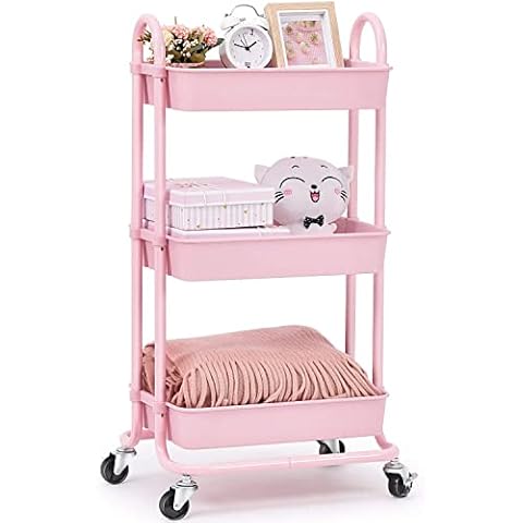 TOOLF Utility Cart, 3 Tier Rolling Storage Cart with Wheels, Storage Organizer for Lash Makeup Diaper Baby Nursery, Serving Baskets Trolley for Home, Office, Kitchen, Bathroom (Pink) Cover