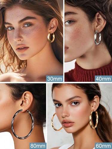 Image of Stainless Steel Chunky Hoop Earrings For Women, Minimalist and Chic, Black /Gold Plated, Round Hoops Earrings Hypoallergenic, Size: 30mm /40mm /60mm /80mm, Come with Box