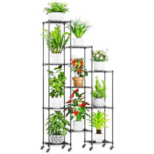 Abimars 74'' Tall Plant Stand with Wheels, Shelf Height Adjustable Metal Plant Shelf for 10 Potted...