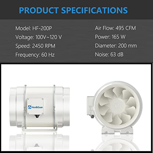 Hon&Guan P8 Quiet 8 Inch Inline Duct Fan, Upgrade Motor & Low Noise Ventilation Exhaust Fan For Heating Cooling Booster, Grow Tents, Hydroponics #TOP1