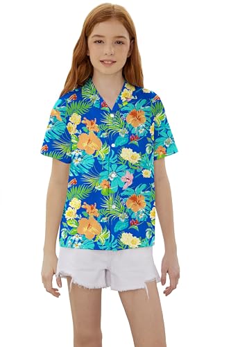 Image of SANGTREE Girls & Women's Hawaiian Shirts Button Down Short Sleeve Floral Tropical Shirt Beach Vacation Blouse Tops