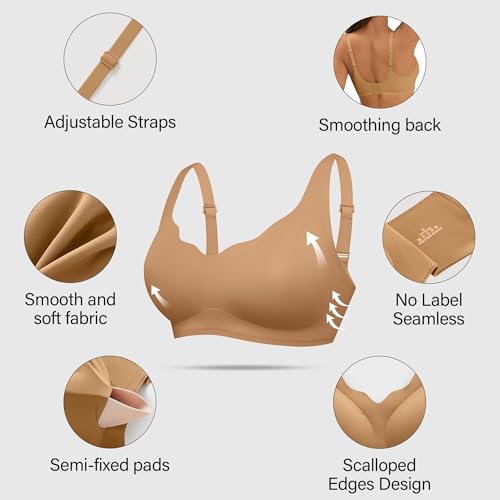 DEANGELMON Bras for Women No Underwire Seamless Wireless Bra Comfort Everyday Scalloped V Neck Bralette (Brown Skin,L) — view 3