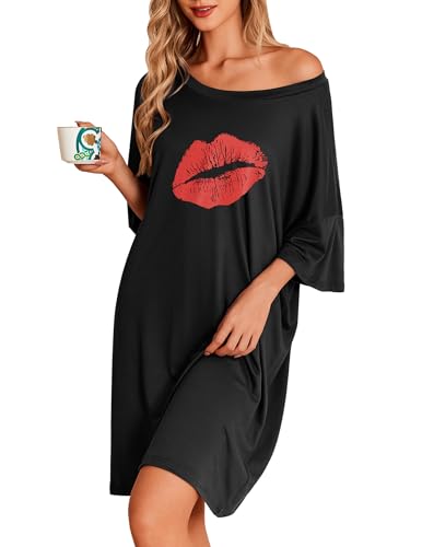 Image of Ekouaer Plus Size Nightgowns for Women Oversized Sleep Shirt Short Sleeve Nightshirt T-Shirt Dress Sleepwear S-5XL