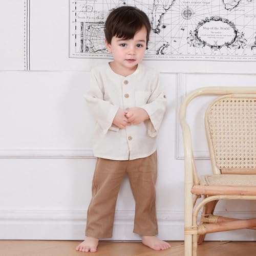 Image of VISGOGO Toddler Boy Linen Outfit Baby Boy Fall Winter Clothes Set Button-Down Shirt Tops Cotton Linen Pants 2PCS