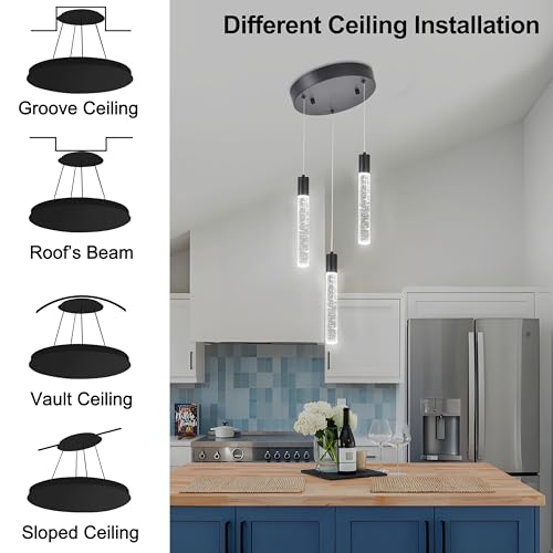 Image of 3 Light Pendant Lights,LED Bubble Crystal Pendant with Dimmable,Black