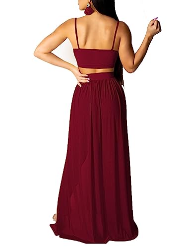 LYANER Women's 2 Piece Outfits Deep V Neck Spaghetti Strap Sleeveless Crop Top and High Side Split Cocktail Maxi Skirt2