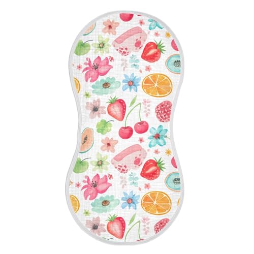 Watercolor Fruits Muslin Burp Cloths 22x11 Inch - 4-Layer Organic Cotton & TPU Waterproof Lining, Absorbent Baby Bibs for Boys/Girls with Hanging Loop