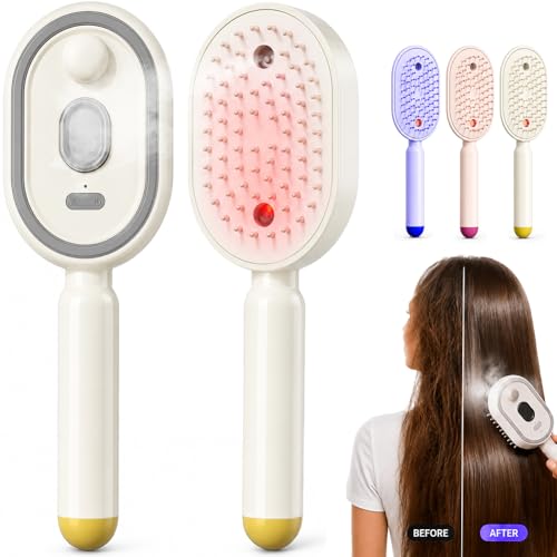 Elektrische Sprüh-Luftkissenbürste für Damen,4-in-1 Dampf Haarbürste mit Feinnebel,Wiederaufladbare Elektrische Haarbürste,Antistatische Entwirrbürste mit Kopfhautmassage&Glättungsfunktion (Beige)