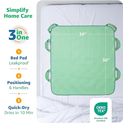 Improvia Positioning Bed Pad with Handles – Quick-Drying, 6-Handle Incontinence Bed Pads – Washable, Waterproof, Reusable Pads for Elderly, Bedridden, Transferring, & Mattress Protection, 34x36 in.