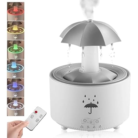 Humidifier for Bedroom, 7-Colors Led Rotating Umbrella Waterfal Humidifier with Water Droplet, 300ML Cute Desk Humidifier Aroma Diffuser with Remote,Timer Settings, Auto Shut-Off Cover