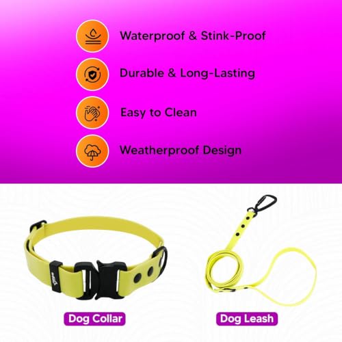 Image of Adil's Biothane Waterproof Dog Collar, Dog Leash & Collar Leash Combo | Heavy Duty TPU Coated Webbing | Adjustable Quick Release Buckle | Odour Resistant (Yellow, L-22, Collar & Leash Combo)
