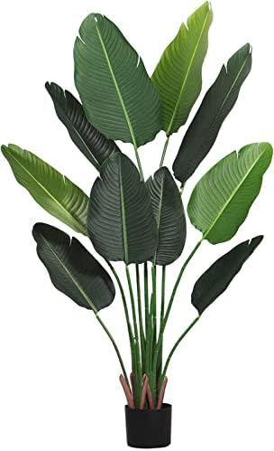 FLOWORLD Bird of Paradise Artificial Plant 5FT Tall Fake Plants with 10 Trunks Faux Banana Leaf Plant in Pot Decorative House Plants Tropical Palm Plant for Home Office Decor Indoor Outdoor
