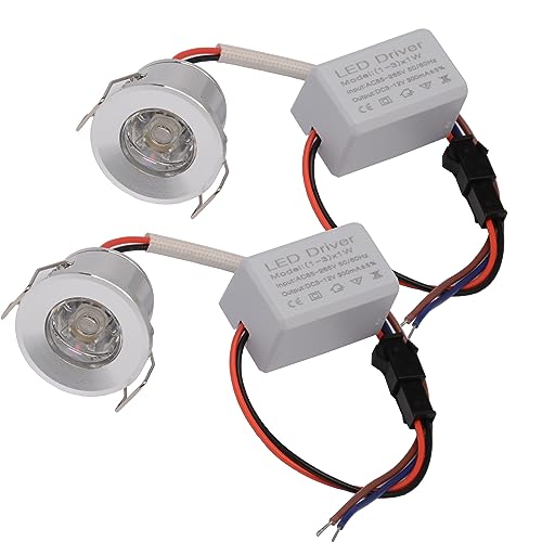 Scpopfer 2Pack 1W Mini Spotlights Recessed Ceiling Showcase Display Under-Cabinet Indoor Lights Fixture with AC 110V 220V to DC3-12V LED Power Supply Driver 3000K Warm-White Lighting Silver-Shell