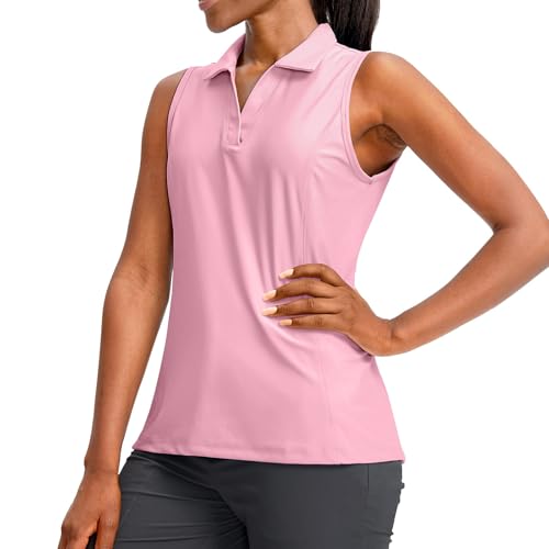 Image of Golf Tops for Women UK Sleeveless V-Neck Polo Shirts Summer Athletic Tennis Shirts Lightweight Breathable Casual Sports Activewear Gym Workout Wear for Women Pink