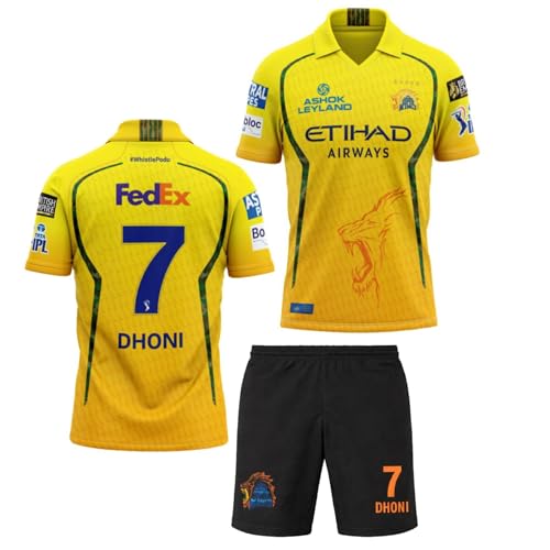Image of CSK thala Dhoni 7 Official Cricket Team Jersey with Black Shorts 2024 for Boys and Men