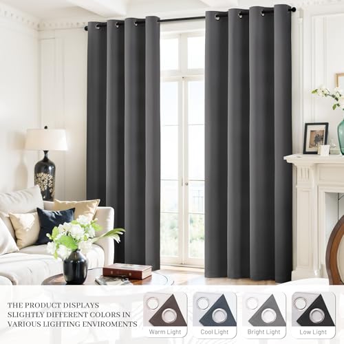 Yakamok Room Darkening 100% Blackout Curtains Grommet Window Treatments with 2 Thick Layers-Charcoal Grey Thermal Insulated Drapes Set of 2 Panels for Bedroom Living Room 52 Inches by 84 Inches Length