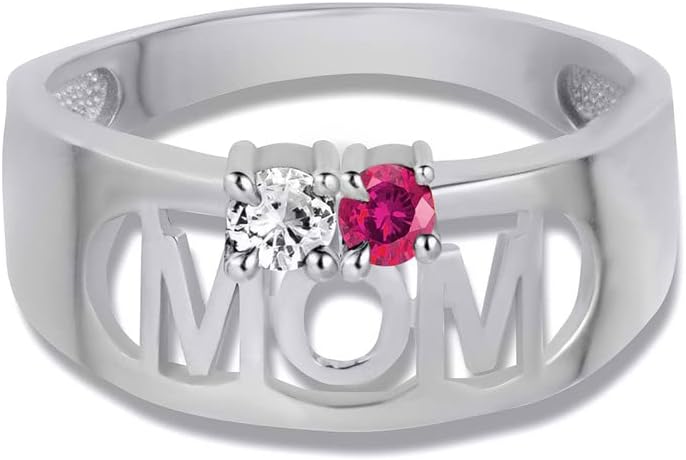 10K or 14K White Gold Personalized Mix-and-Match Mom's Ring with 2 CZ Birthstones - Choice of Ring Size & Birthstone Color