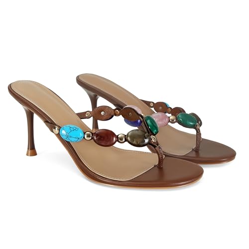 MAIJED Jewelled Thong High Heel Sandals for Women Flip Flop Slip On Heeled Mules Round Open Toe Strappy Stiletto High Heels Wedding Party Dress Shoes Brown US9