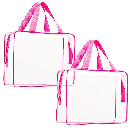 2Pcs Crystal Clear PVC Travel Toiletry Bag Kit for Women Men, Waterproof Vinyl Packing Organizer Storage Bags with Zipper Handle Straps, Cosmetic Pouch Carry on Airport Airline Compliant Bag Handbag