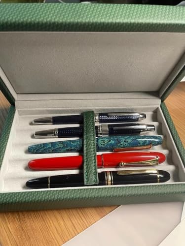 Image of 5Slots Genuine Leather Handmade Pen Case - Double Match Color Pen Organizer & Protective Sleeve Cover - Storage Gift Box