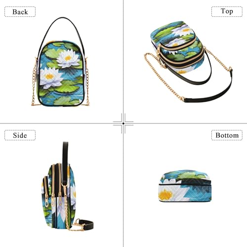Women Single Shoulder Purse Cute Cell Phone Wallet Chain Purse Quilted Ladies Tote Crossbody Satchel Elegant White Lotus Flowers4