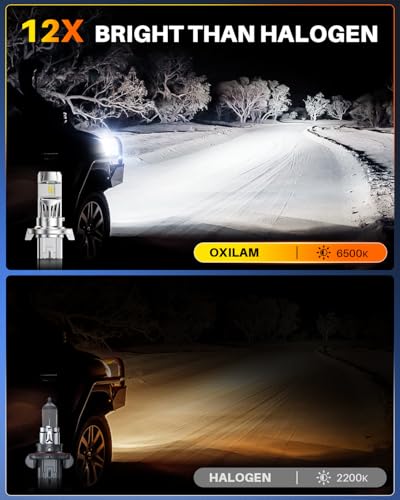 Image of OXILAM H13 LED Light Bulb, 1200% Brightness 6500K White, No Flicker, 60,000 Hours Lifespan, Quick Plug and Play, IP68 Weatherproof, 9008 Compatible Fog Light for Cars Trucks SUVs, Pack of 2