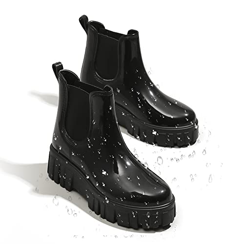 image for AMOJI Women Chelsea Rain Boots Women Rubber Boots Short Ankle Platform