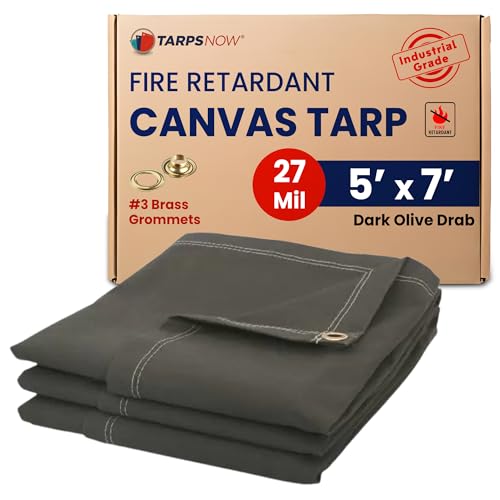 TarpsNow Fire Retardant Tarp - 5' x 7' - 18 MIL Heavy Duty Canvas Tarp - Flame & Tear Resistant w/Brass Grommets - Best for Safety, Outdoors, Camping, Boating, Welding, Woodpile, House, Fire Pit