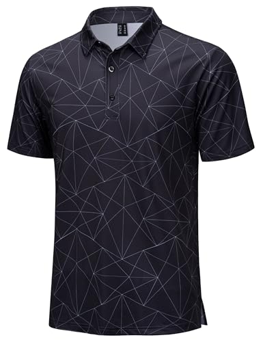 Cotrasen Mens Polo Golf Shirts Moisture Wicking Performance Short Sleeve Polo Tee Breathable Print Golf Shirt for Men Black L