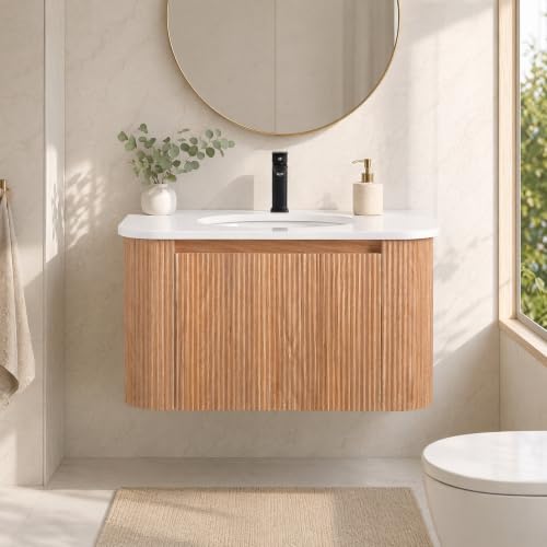 Image of 30 Inch Wall Mounted Bathroom Vanity with Ceramic Sink, Pre-Assembled Floating Vanity Cabinet with Marble Countertop, Wave Texture Finish & Drawer, Wood