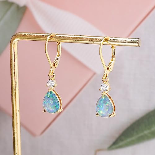 CiNily Womens Opal Dangle Earrings Leverback Drop Earrings 14K Yellow Gold Plated Blue Purple Cubic Zircon Teardrop Gemstone Earrings Jewelry for Sensitive Ears - Image 4