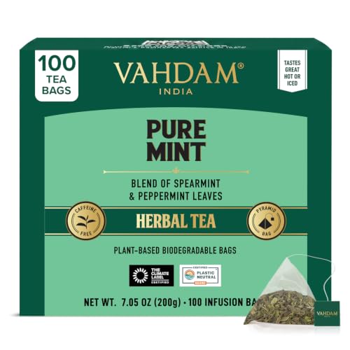 VAHDAM, Pure Mint Herbal Tea (100 Pyramid Tea Bags) Caffeine Free, Non GMO, Gluten Free | Blend of Spearmint &amp; Peppermint - Sweet &amp; Minty | Resealable Ziplock Pouch